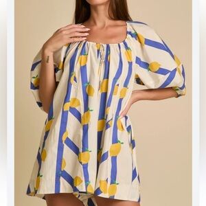 Fantastic Fawn Lemon Print romper with Blue Stripes small